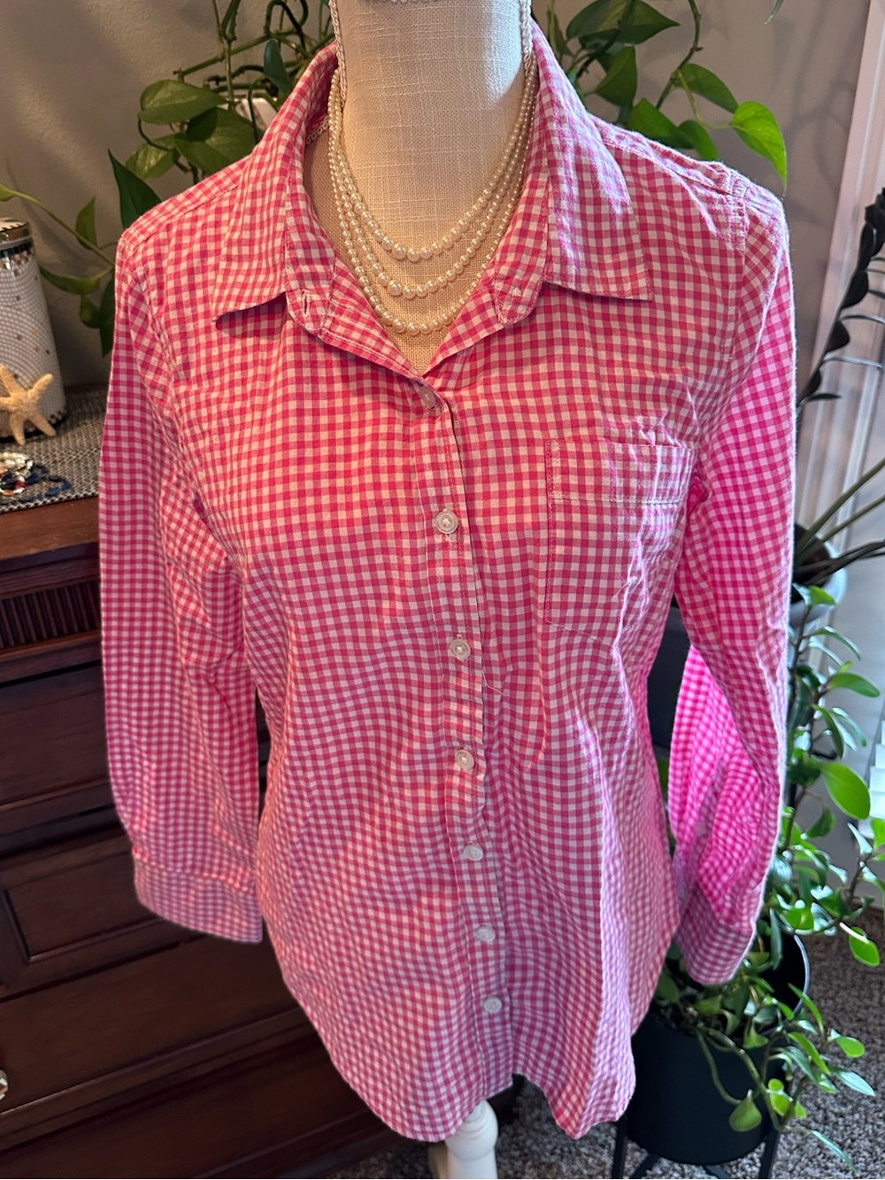 Ellen Tracy Pink Gingham Button-Down Shirt